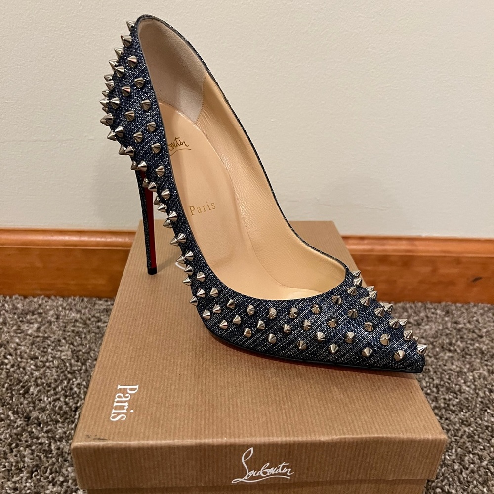 🚨 Christian Lounoutin Follies Spikes 100 Lame Lux Denim/Silver